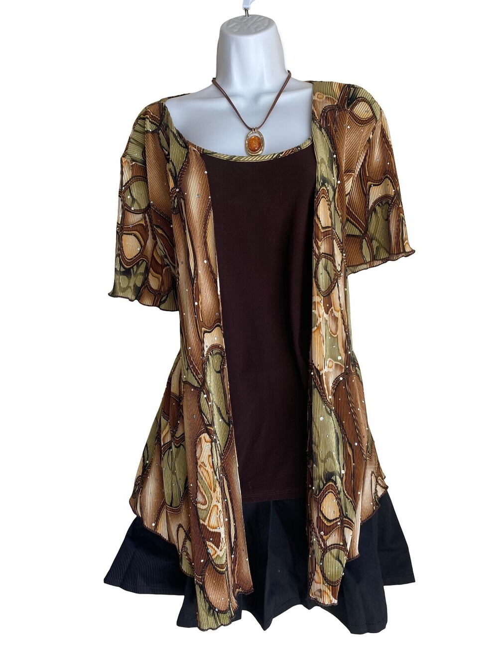 VTG dressbarn Plus 2X Brown Emerald Open Front Cardigan Tunic Blouse Whimsigoth